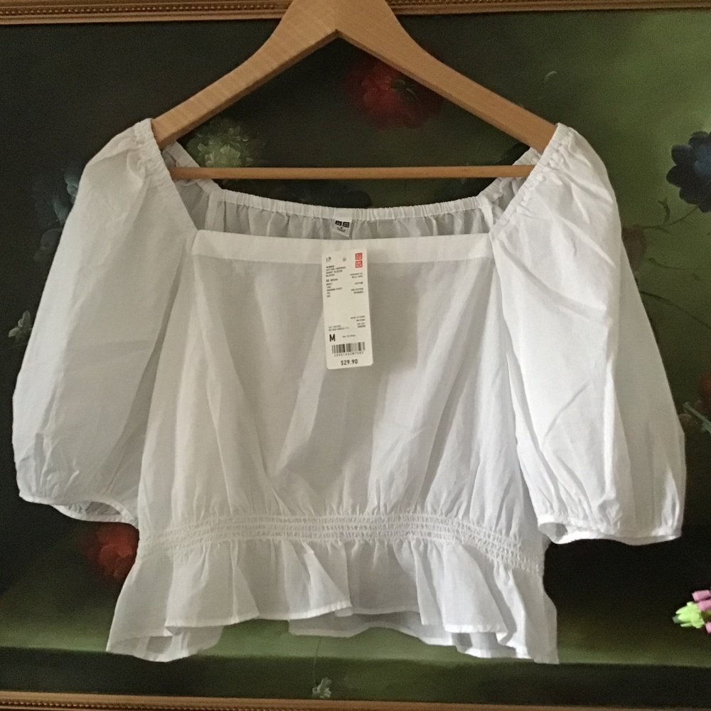 NWT Uniqlo Women’s Puff Sleeve Cropped Blouse Top White Size M